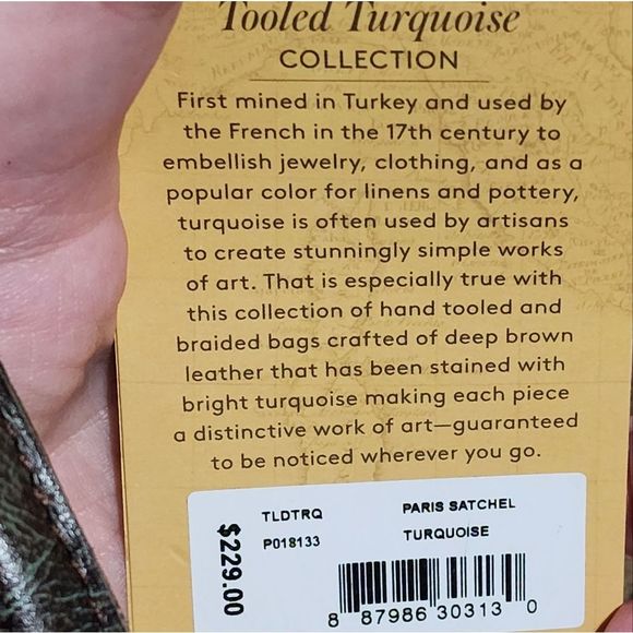 Patricia Nash Paris Satchel Tooled Turquoise Brown Leather P018133 New - Picture 11 of 16